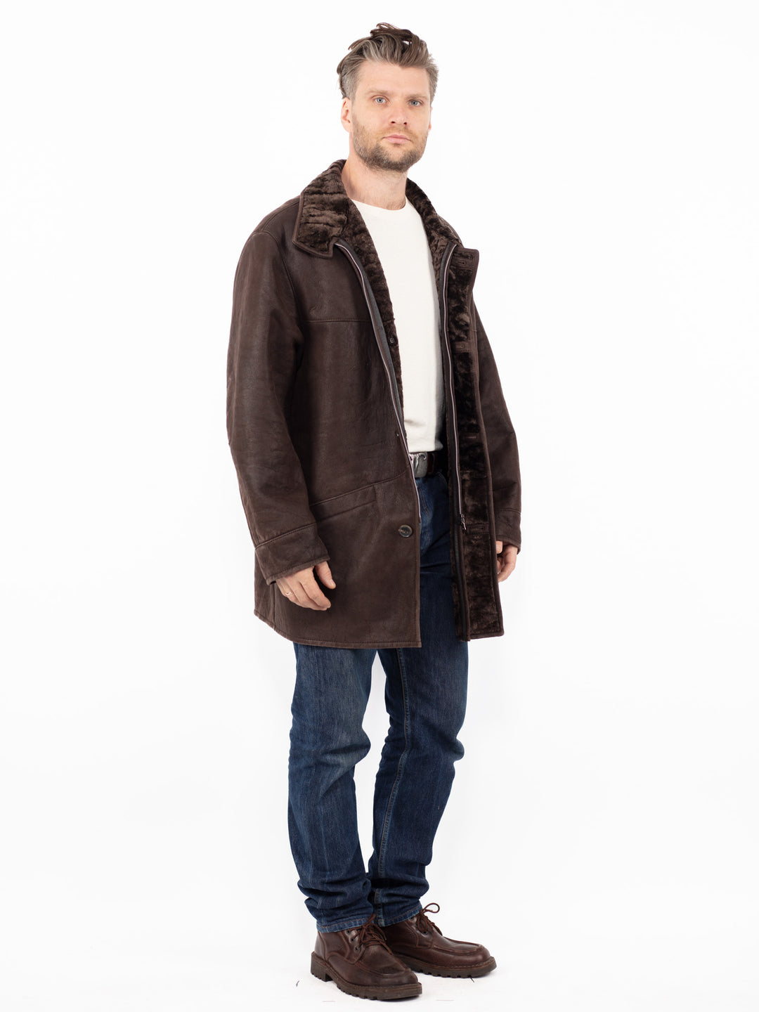 Vintage 90's Men Sheepskin Shearling Coat in Brown