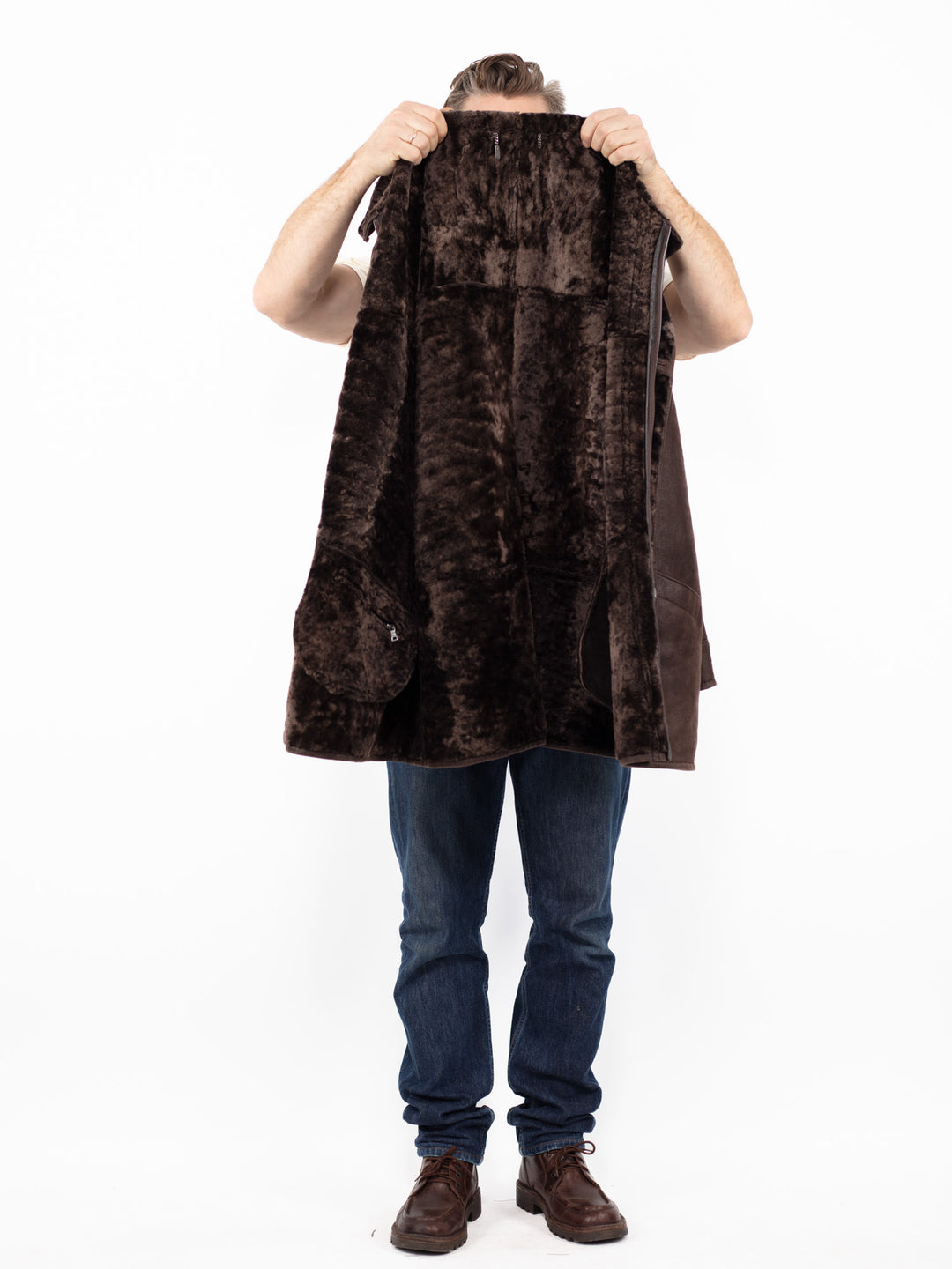 Vintage 90's Men Sheepskin Shearling Coat in Brown