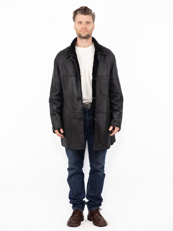 Vintage 90's Men Sheepskin Leather Coat in Black