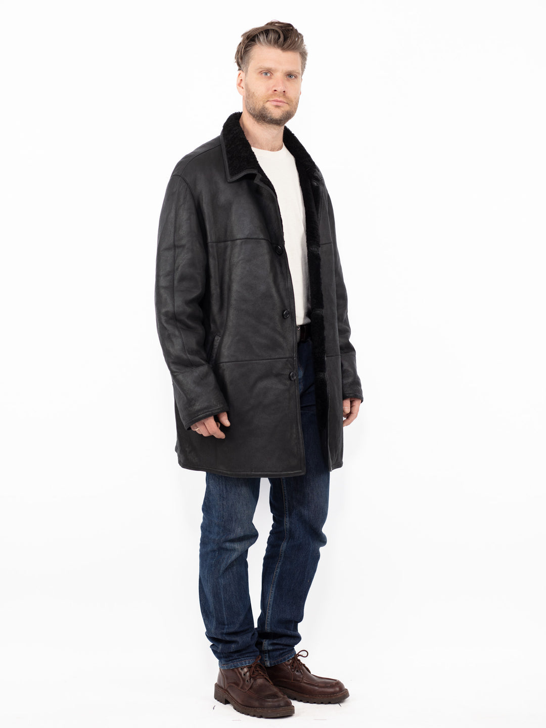 Vintage 90's Men Sheepskin Leather Coat in Black