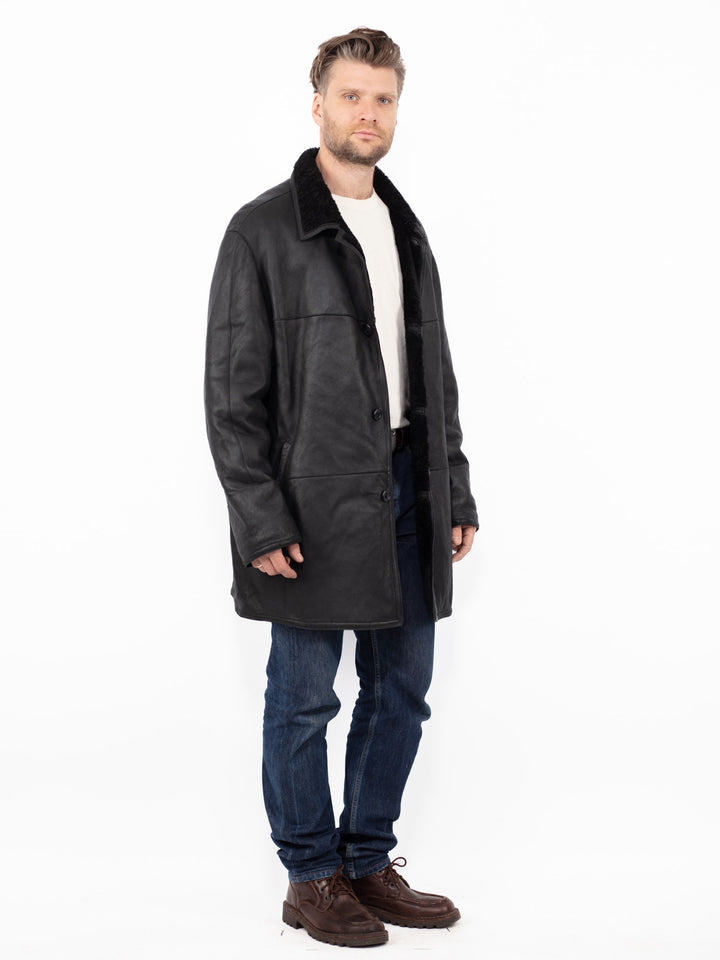 Vintage 90's Men Sheepskin Leather Coat in Black
