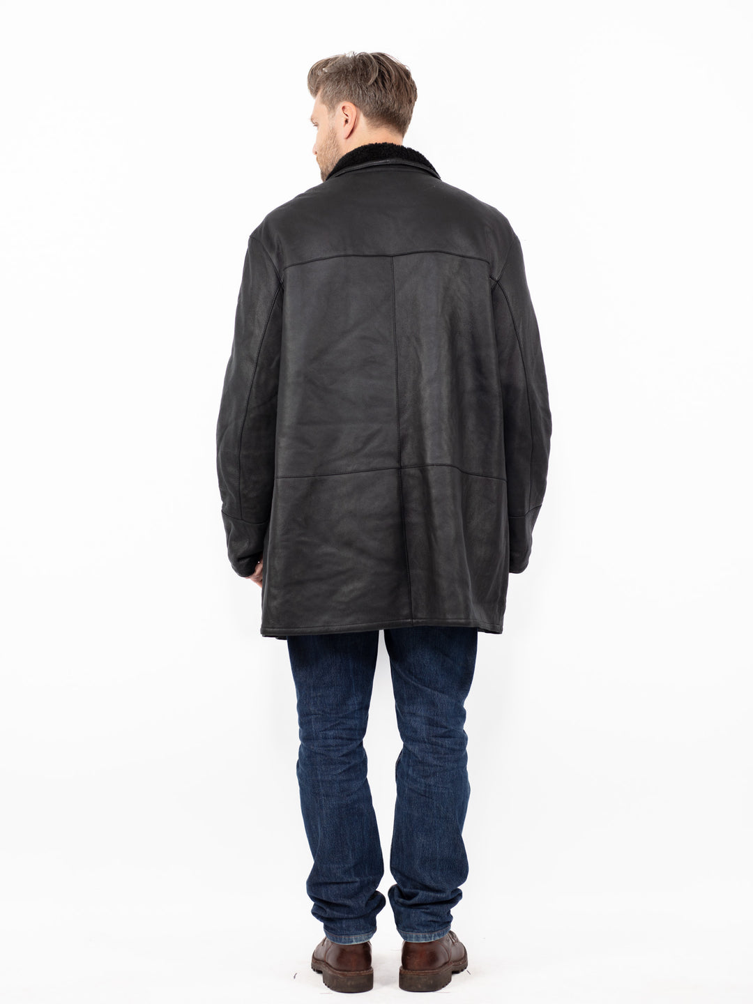 Vintage 90's Men Sheepskin Leather Coat in Black