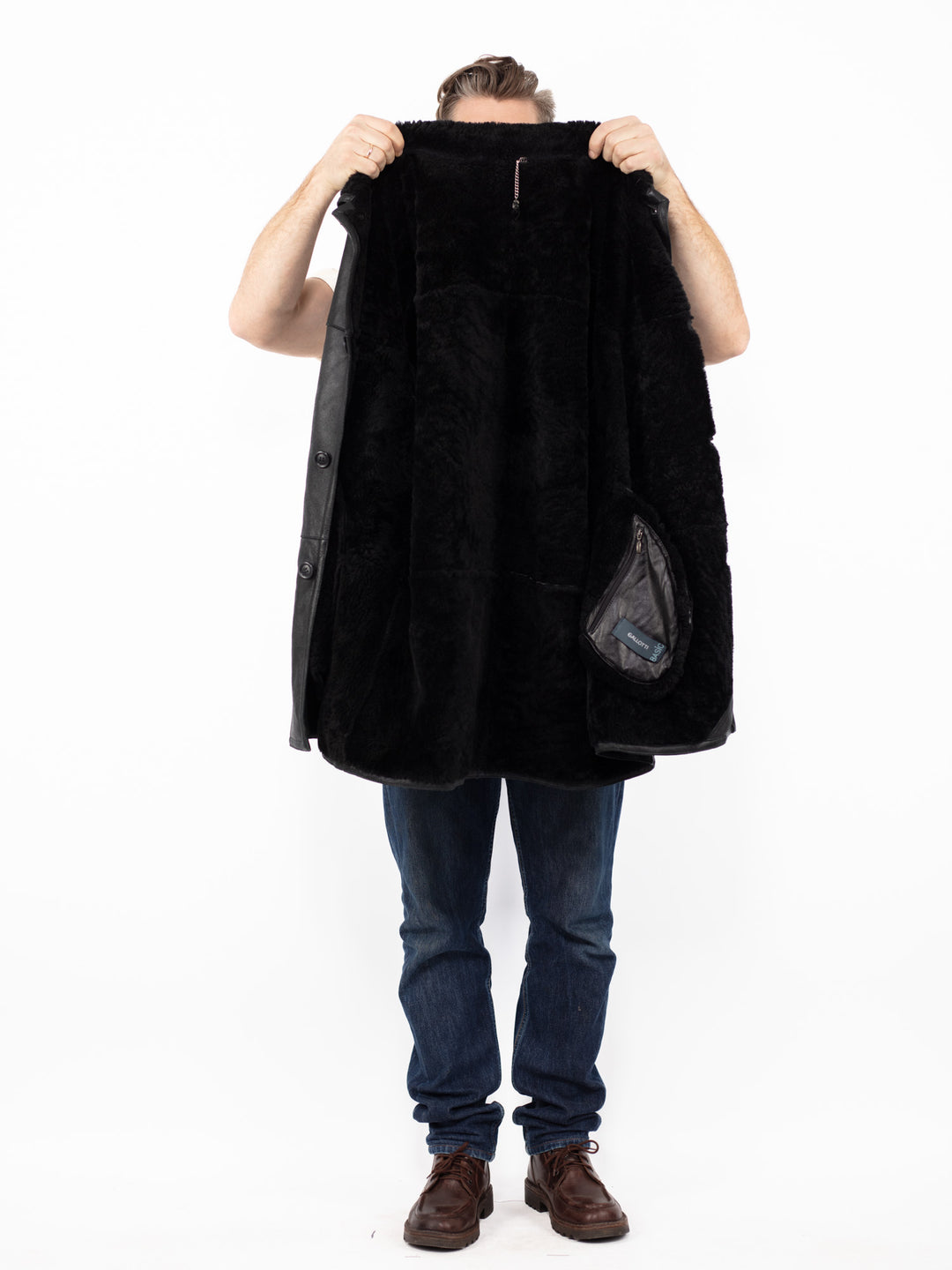 Vintage 90's Men Sheepskin Leather Coat in Black