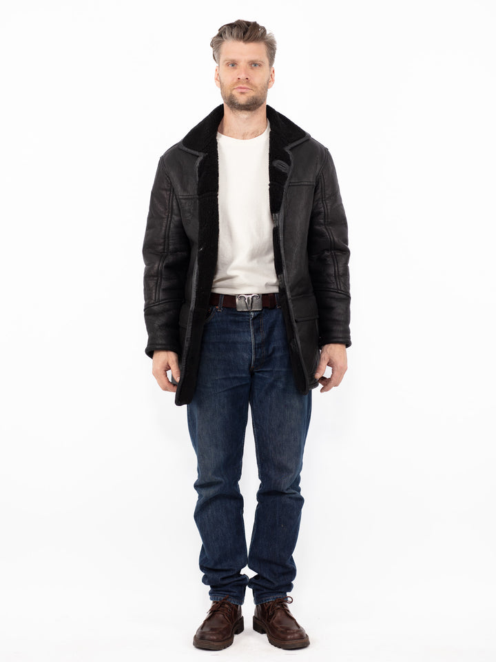 Vintage 90's Men Sheepskin Leather Coat in Black