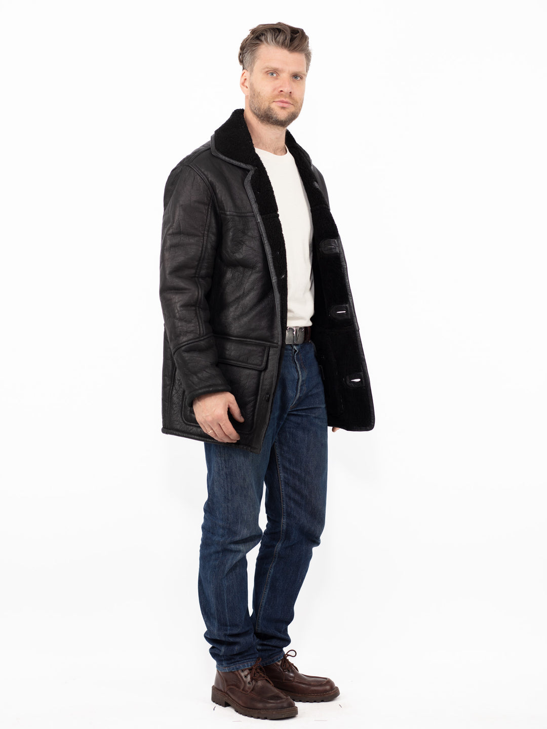 Vintage 90's Men Sheepskin Leather Coat in Black