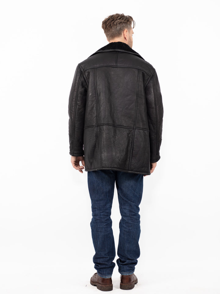 Vintage 90's Men Sheepskin Leather Coat in Black