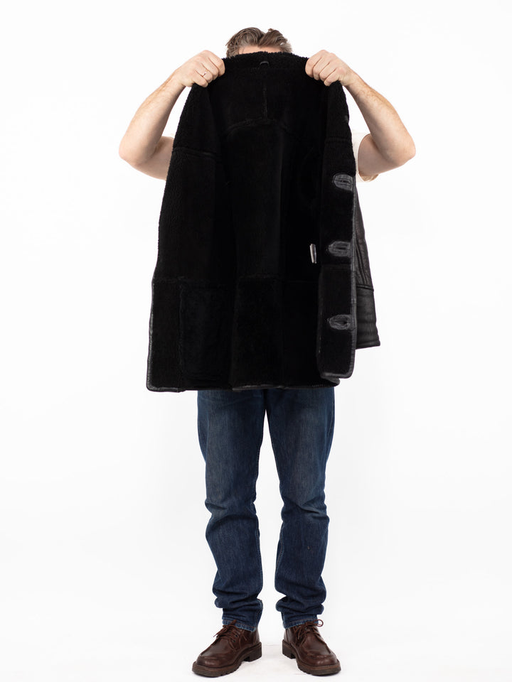 Vintage 90's Men Sheepskin Leather Coat in Black
