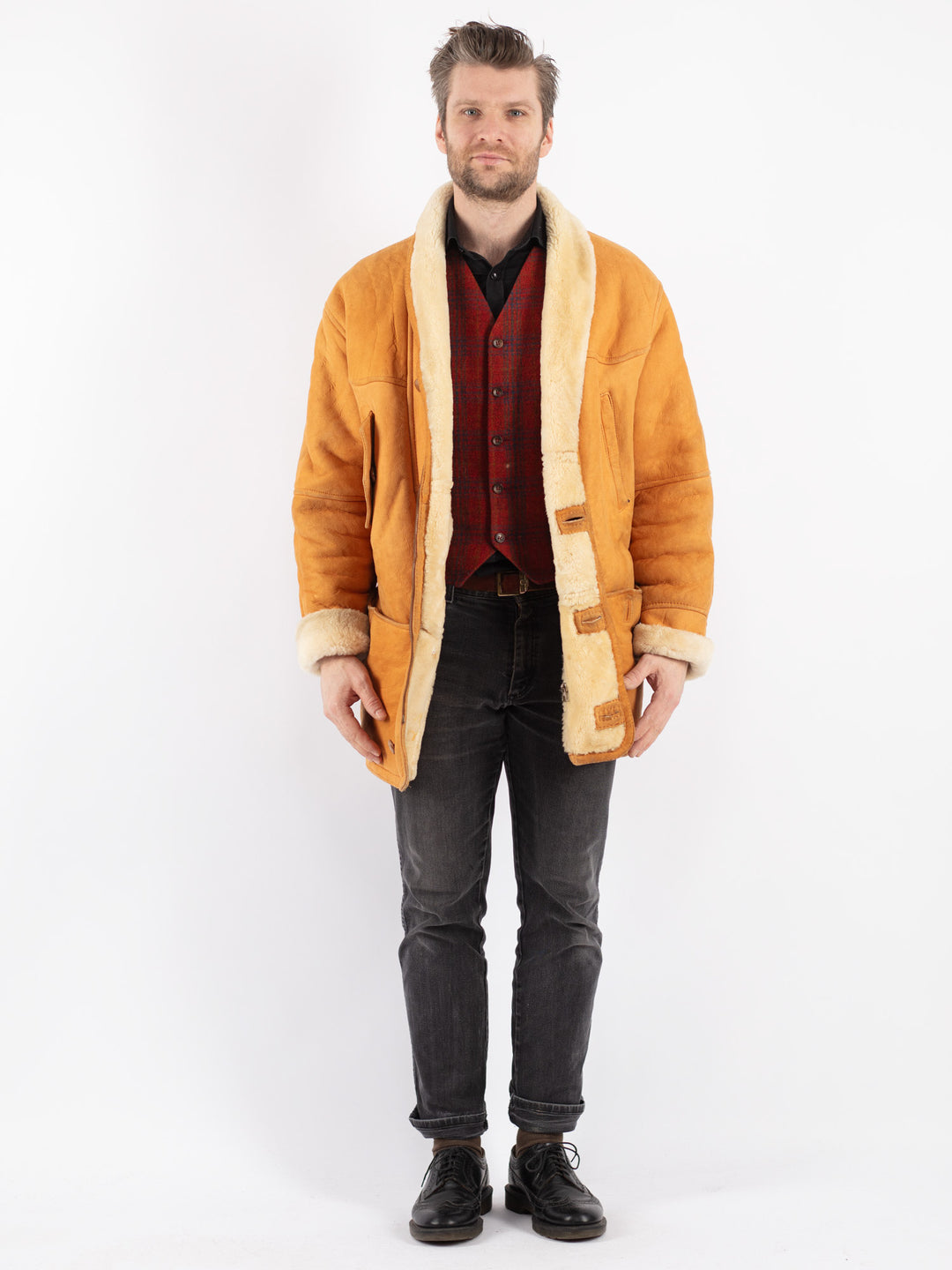 Vintage 80's Men Sheepskin Coat in Brown