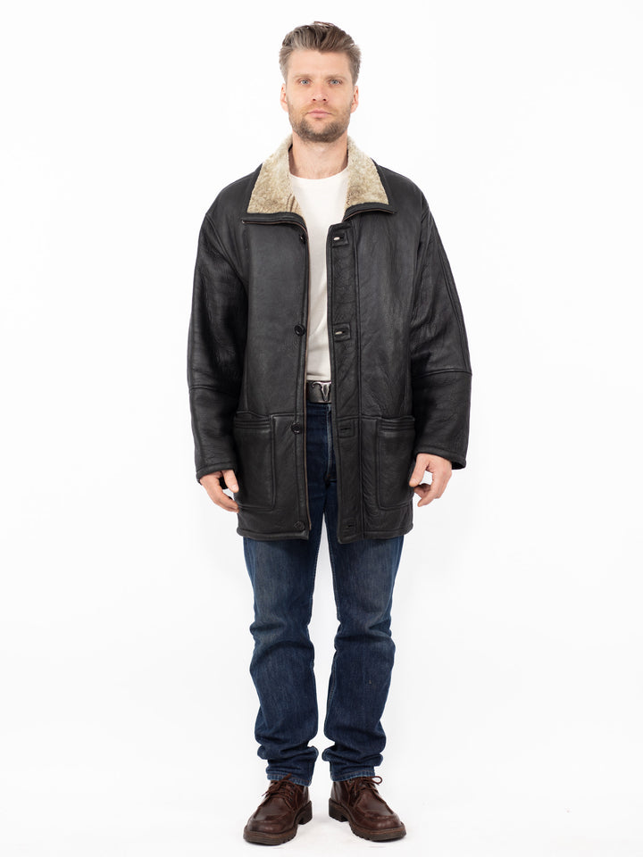 Vintage 90's Men Sheepskin Leather Coat in Black