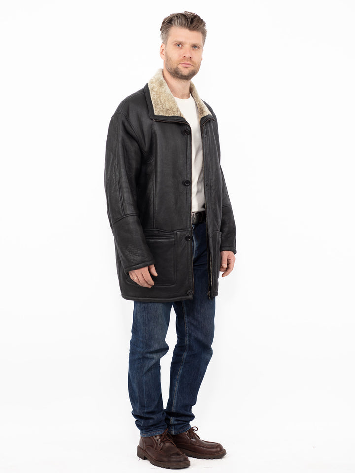 Vintage 90's Men Sheepskin Leather Coat in Black