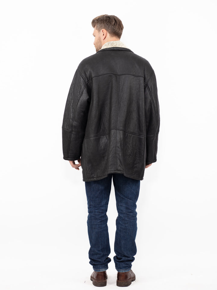 Vintage 90's Men Sheepskin Leather Coat in Black