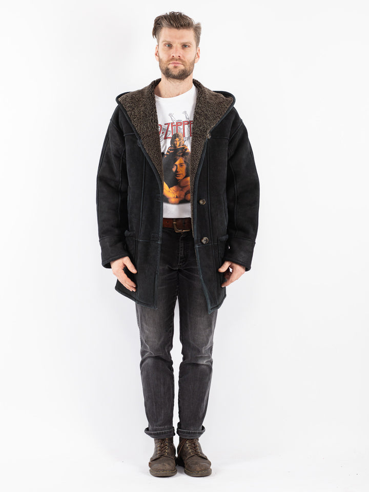 Vintage 90's Men Sheepskin Coat in Black