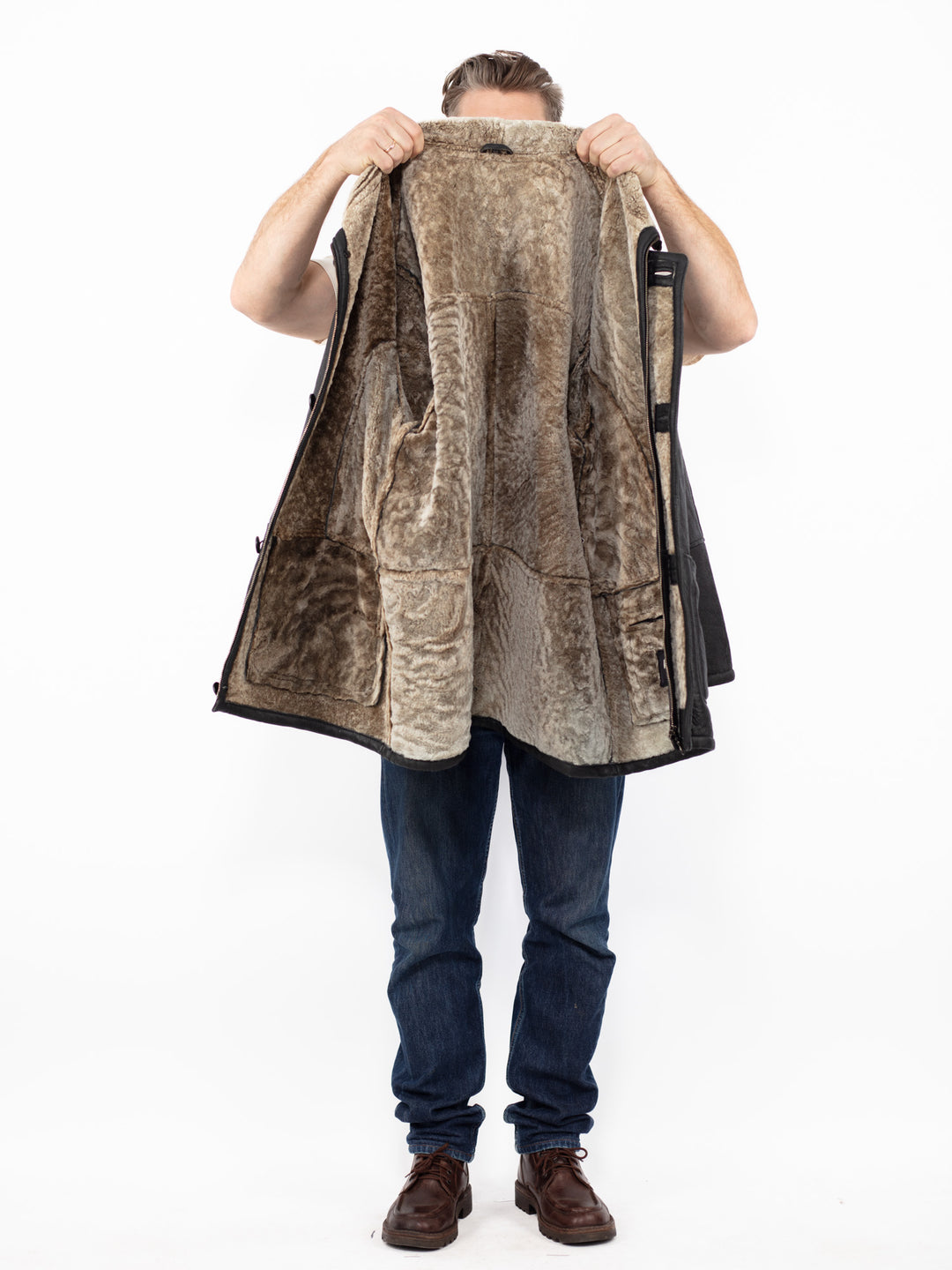 Vintage 90's Men Sheepskin Leather Coat in Black