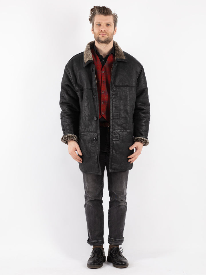 Vintage 90's Men Sheepskin Coat in Black