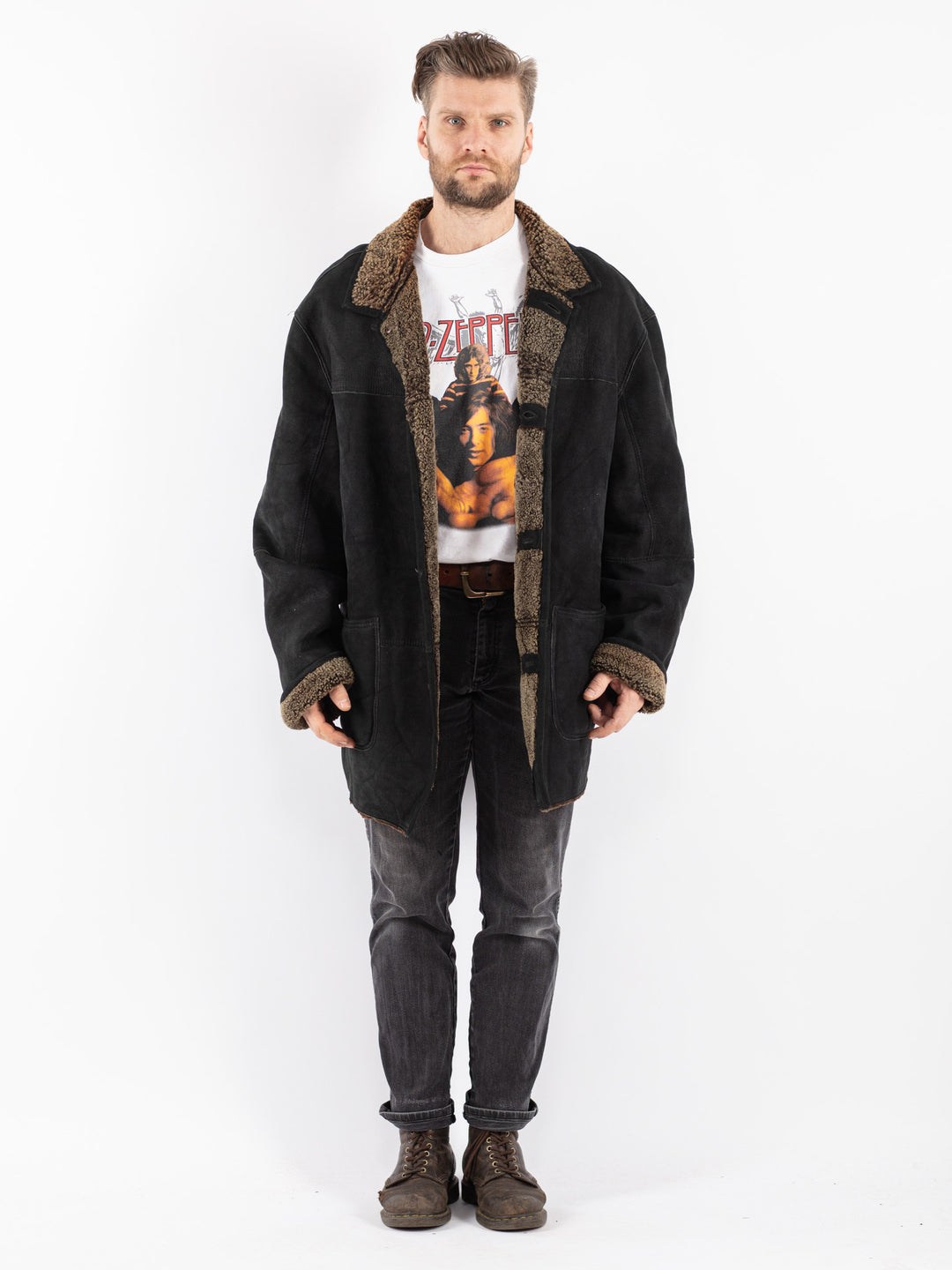 Vintage 90's Men Sheepskin Coat in Black