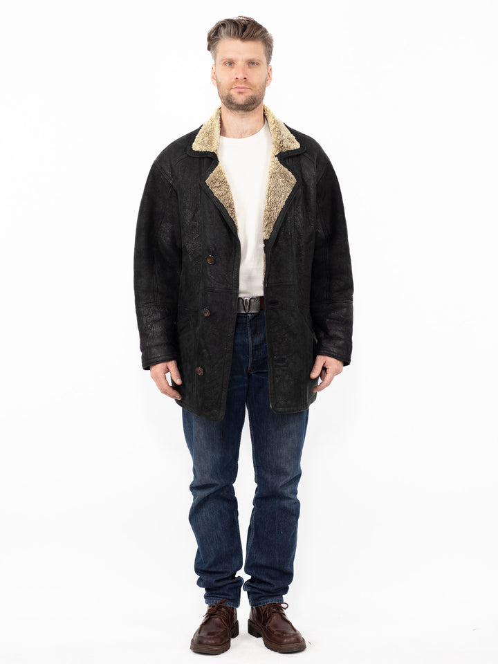 Vintage 90's Men Sheepskin Coat in Black