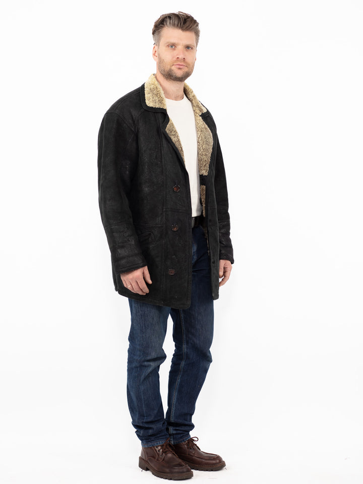 Vintage 90's Men Sheepskin Coat in Black
