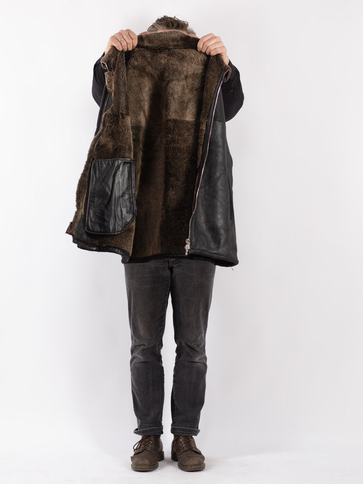 Vintage 90's Men Sheepskin Coat in Black