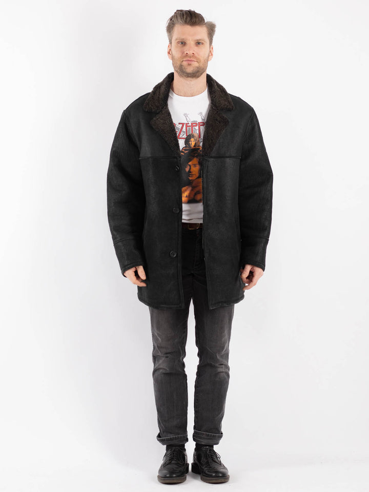 Vintage 90's Men Sheepskin Shearling Coat in Black