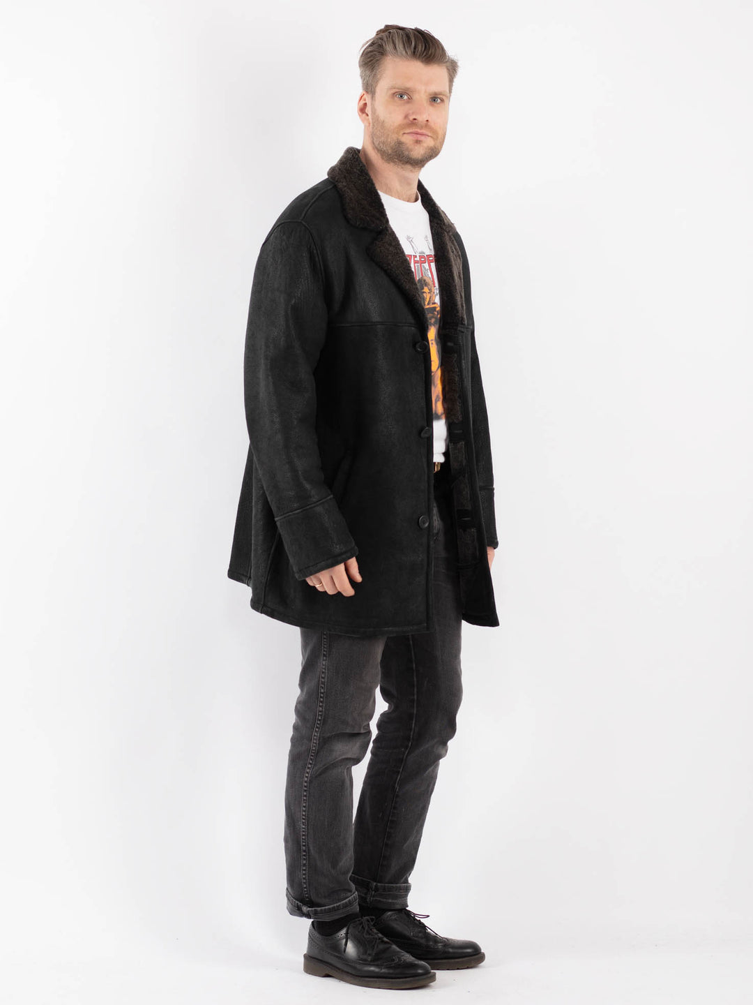 Vintage 90's Men Sheepskin Shearling Coat in Black