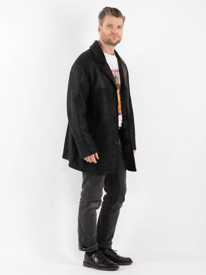 Vintage 90's Men Sheepskin Shearling Coat in Black