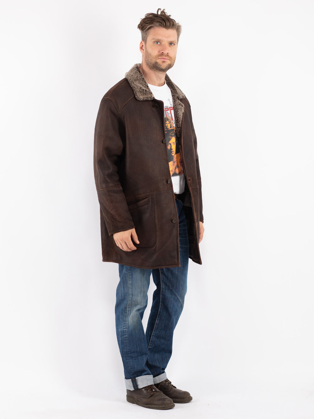 Vintage Men Sheepskin Coat in Brown