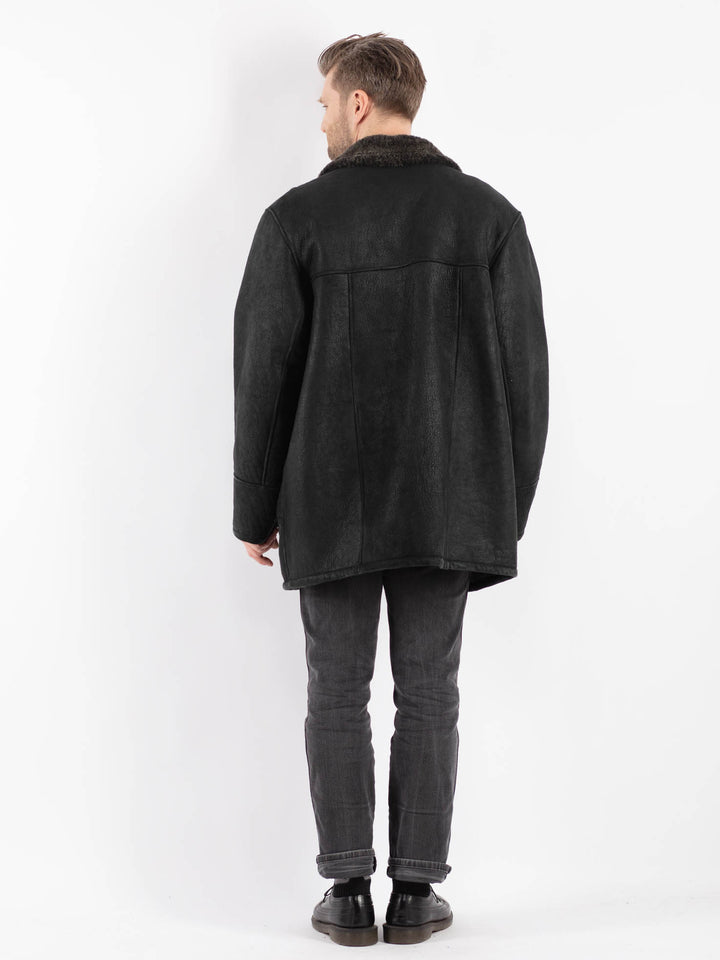 Vintage 90's Men Sheepskin Shearling Coat in Black