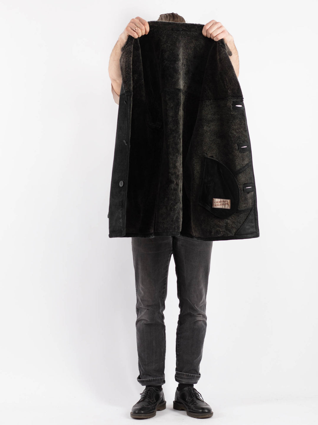 Vintage 90's Men Sheepskin Shearling Coat in Black