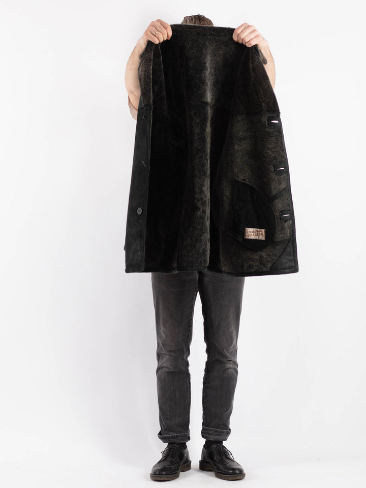 Vintage 90's Men Sheepskin Shearling Coat in Black