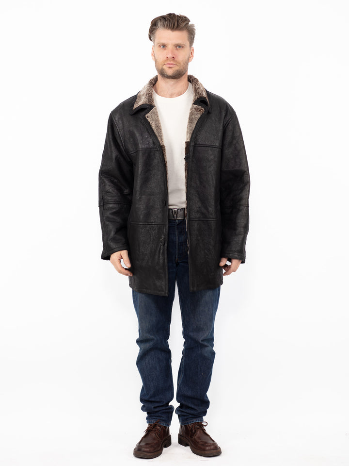 Vintage 90's Men Sheepskin Leather Coat in Black