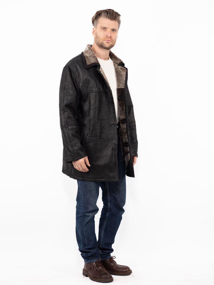 Vintage 90's Men Sheepskin Leather Coat in Black
