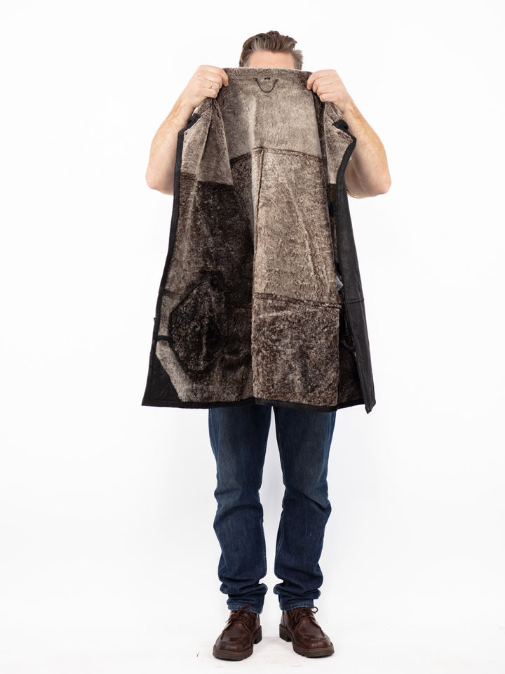 Vintage 90's Men Sheepskin Leather Coat in Black