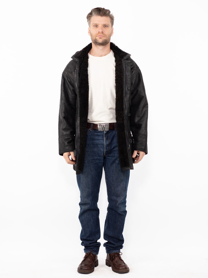 Vintage 90's Men Sheepskin Shearling Coat in BlackZ2634