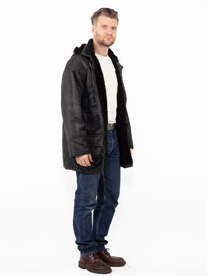 Vintage 90's Men Sheepskin Shearling Coat in BlackZ2634