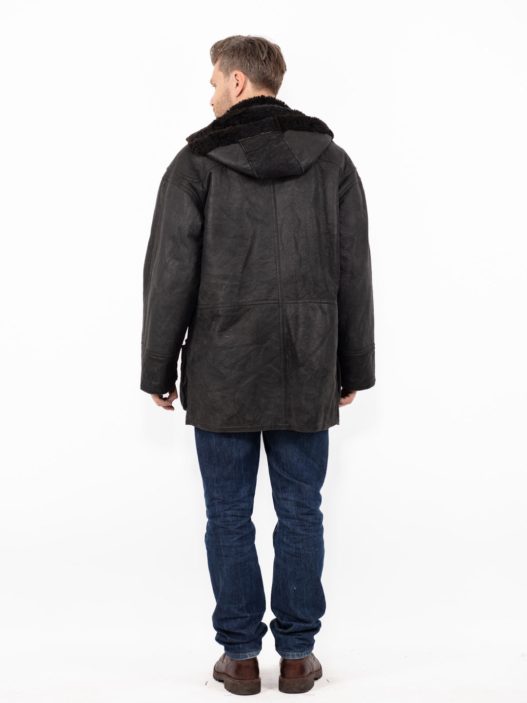 Vintage 90's Men Sheepskin Shearling Coat in BlackZ2634