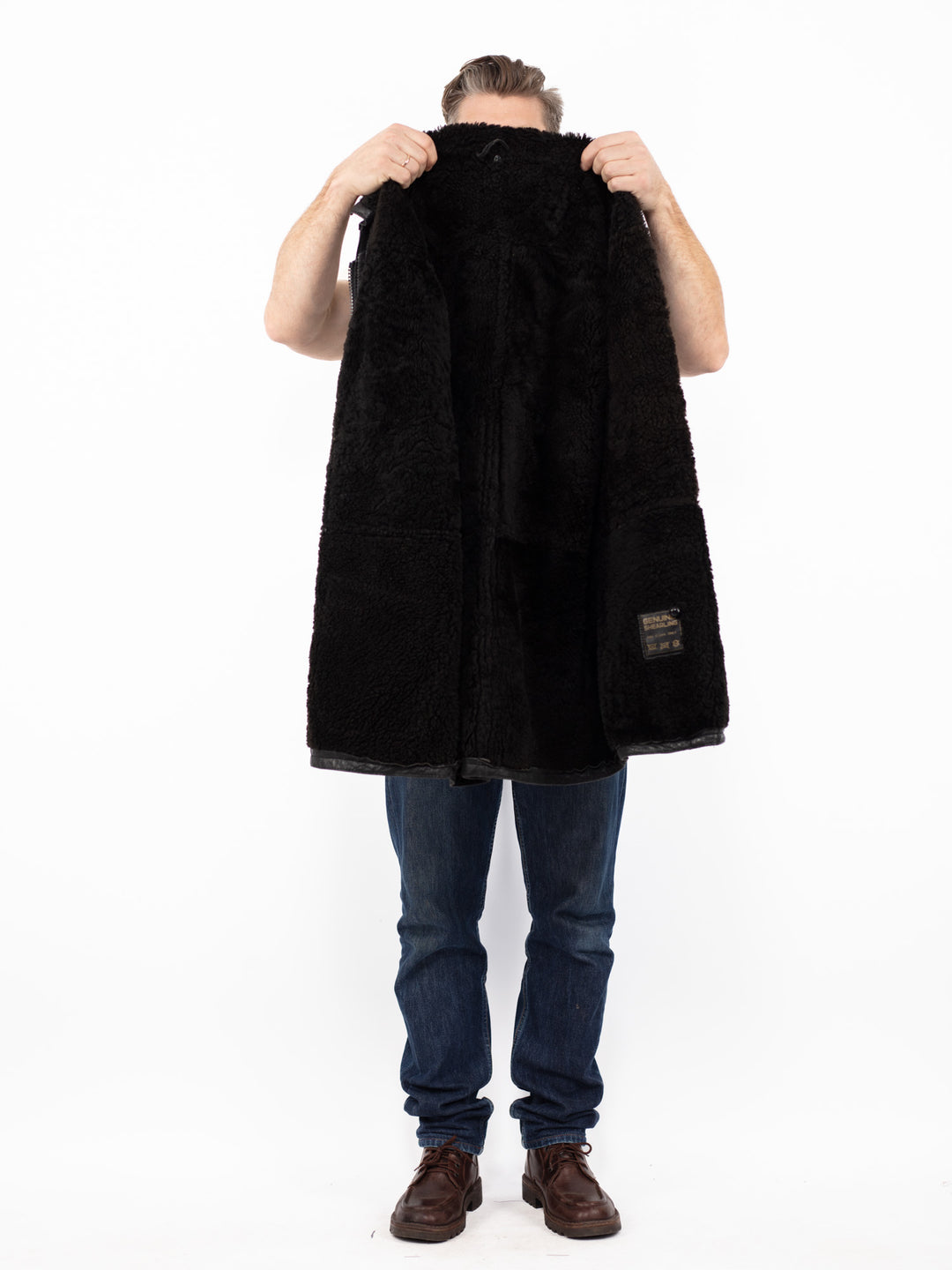 Vintage 90's Men Sheepskin Shearling Coat in BlackZ2634