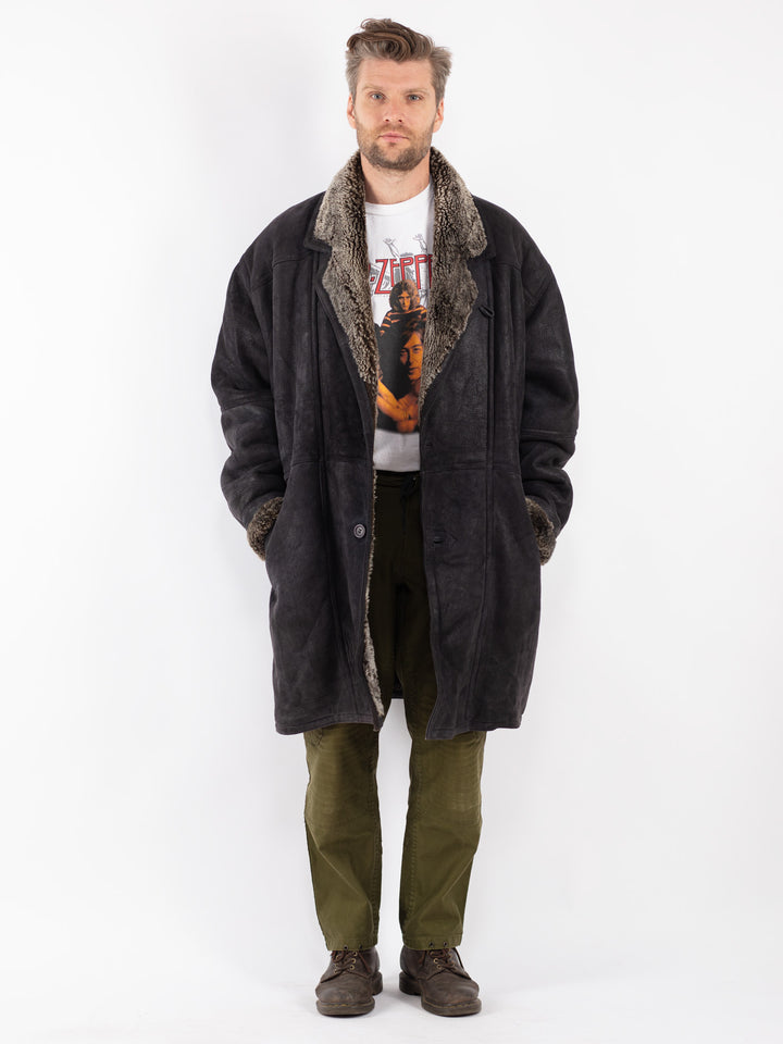 Vintage Men Sheepskin Coat in Black
