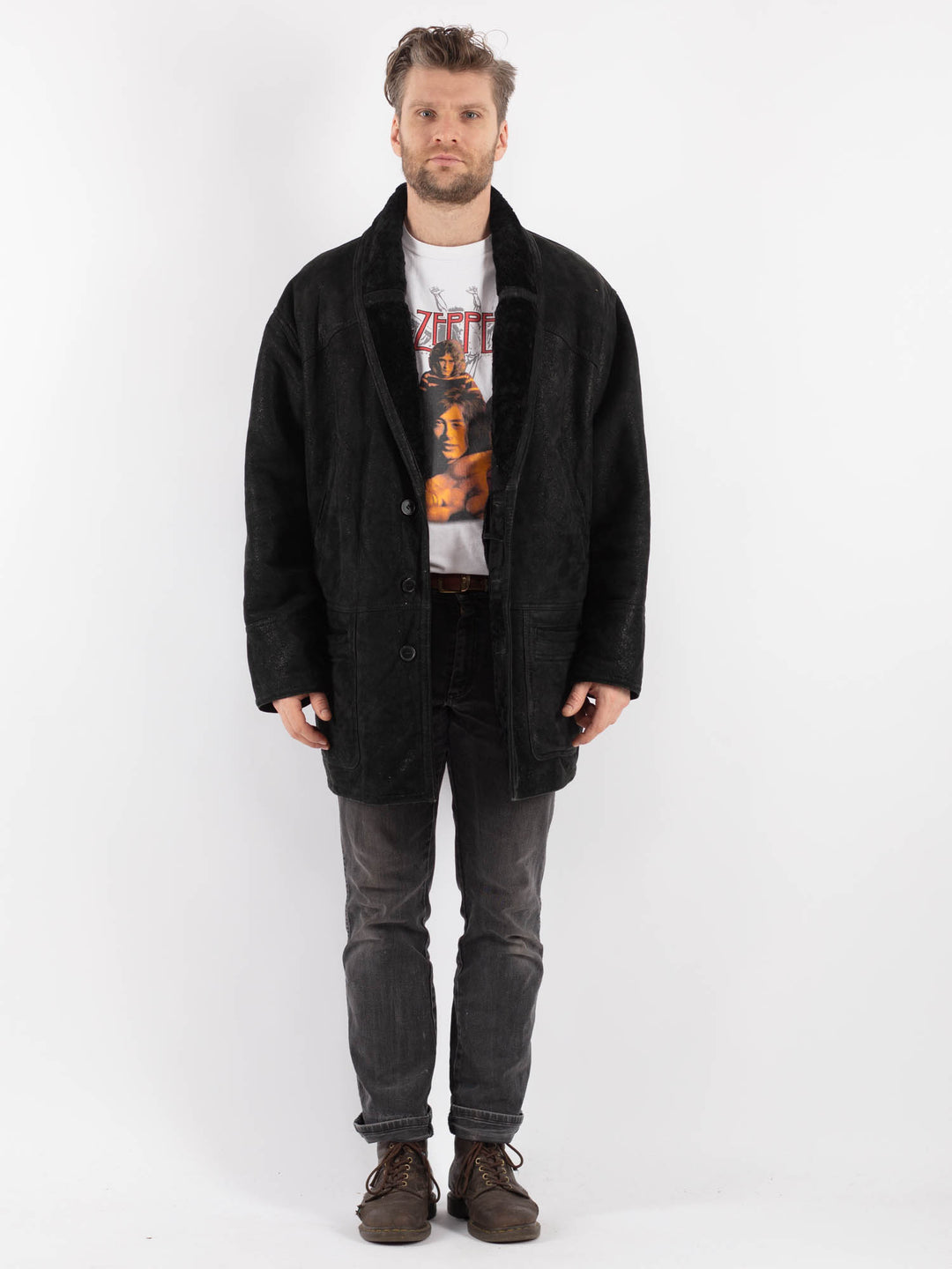 Vintage 90's Men Sheepskin Coat in Black