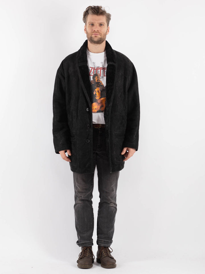 Vintage 90's Men Sheepskin Coat in Black
