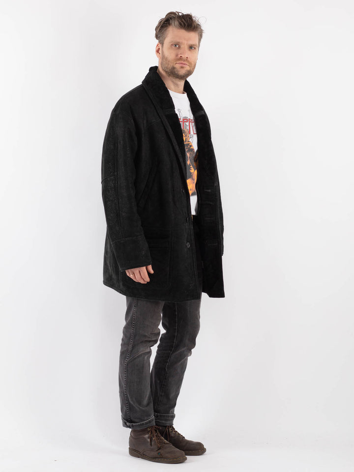 Vintage 90's Men Sheepskin Coat in Black