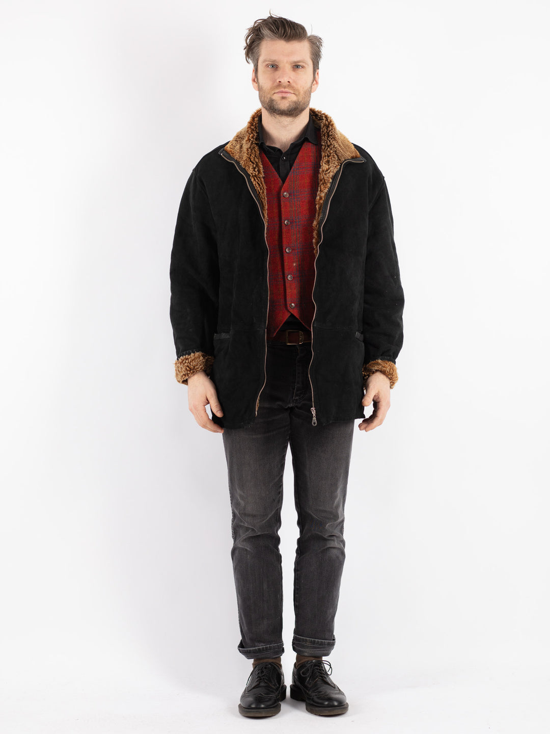 Vintage 90's Men Sheepskin Jacket in Black