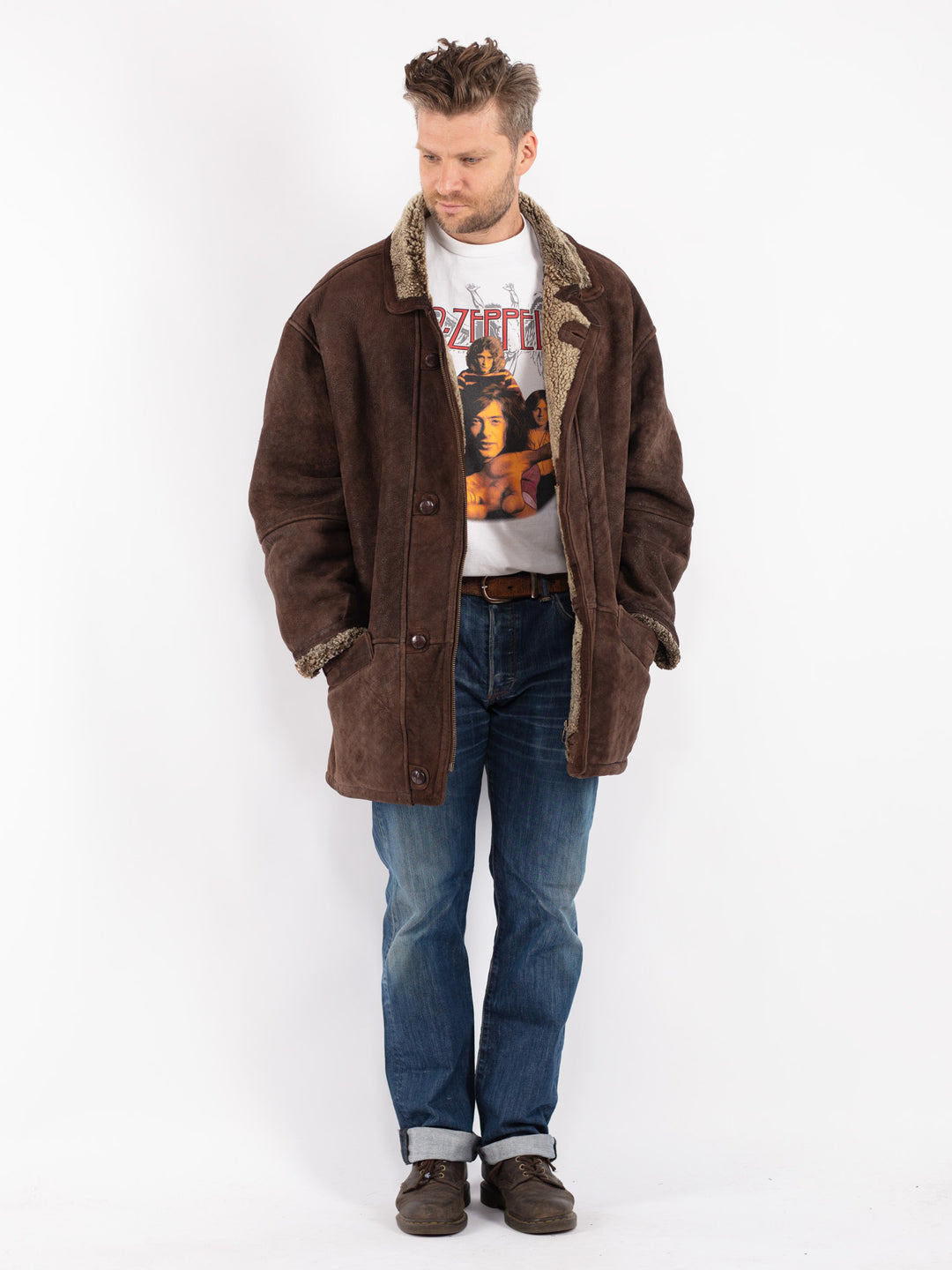 Vintage Men Sheepskin Shearling Coat in Brown