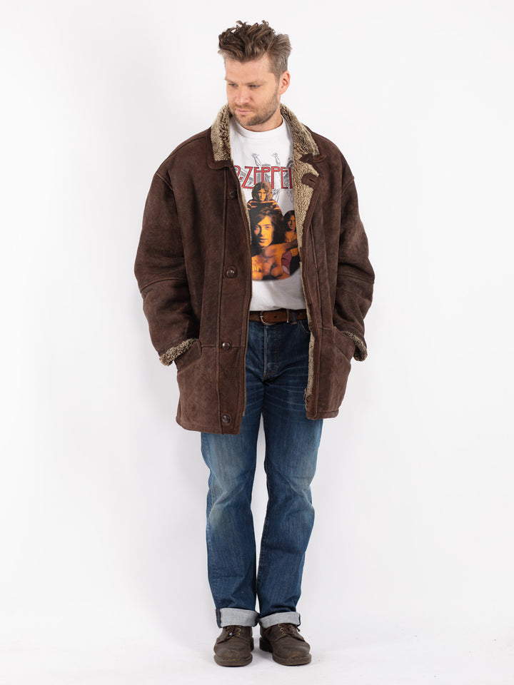 Vintage Men Sheepskin Shearling Coat in Brown