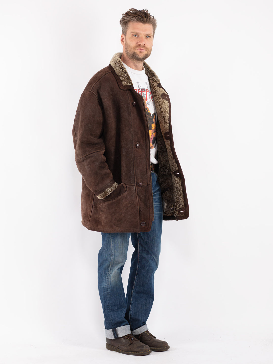 Vintage Men Sheepskin Shearling Coat in Brown