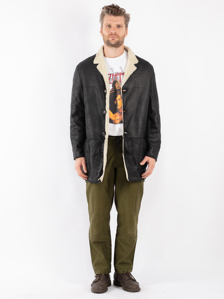 Vintage Men Sheepskin Coat in Black