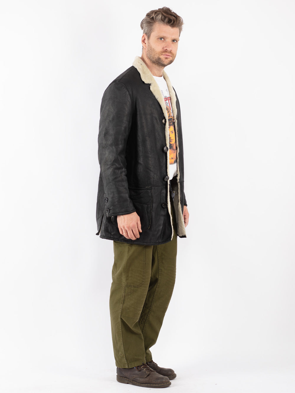Vintage Men Sheepskin Coat in Black
