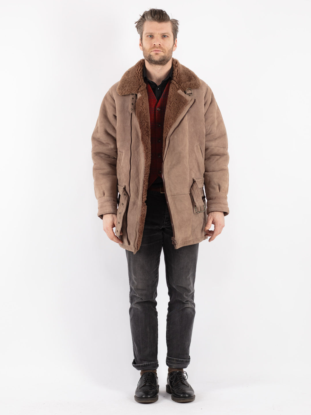 Vintage 90's Men Sheepskin Coat in Beige