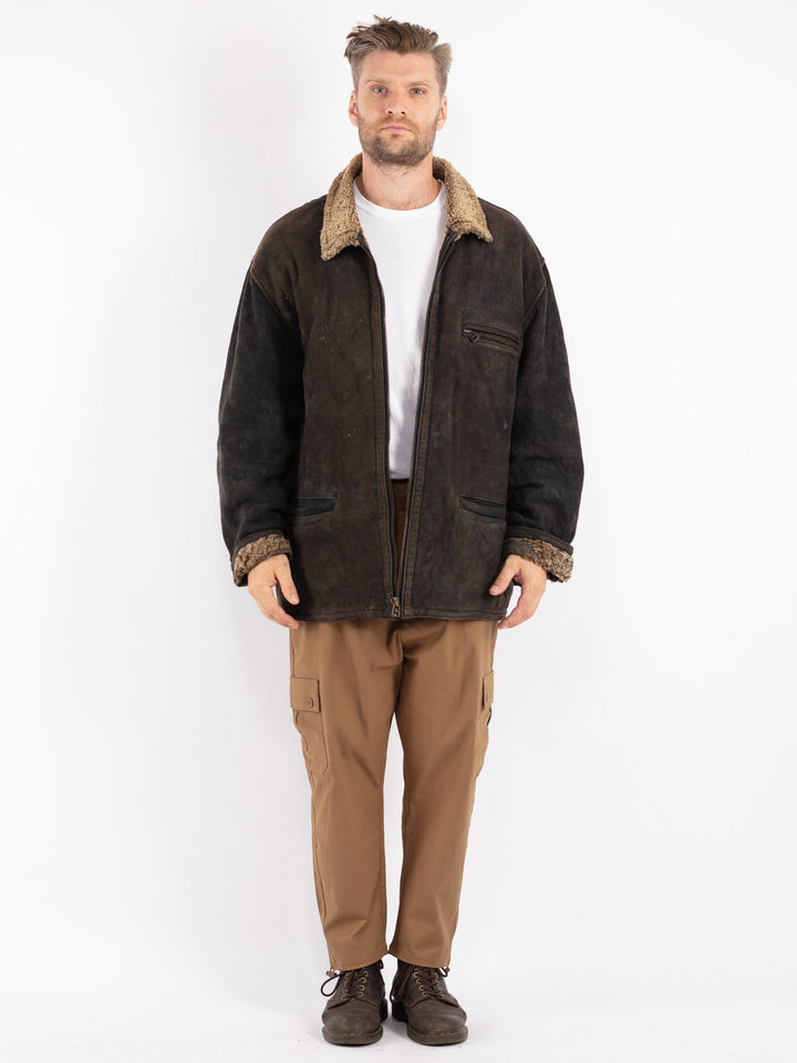 Vintage Men Sheepskin Coat in Black