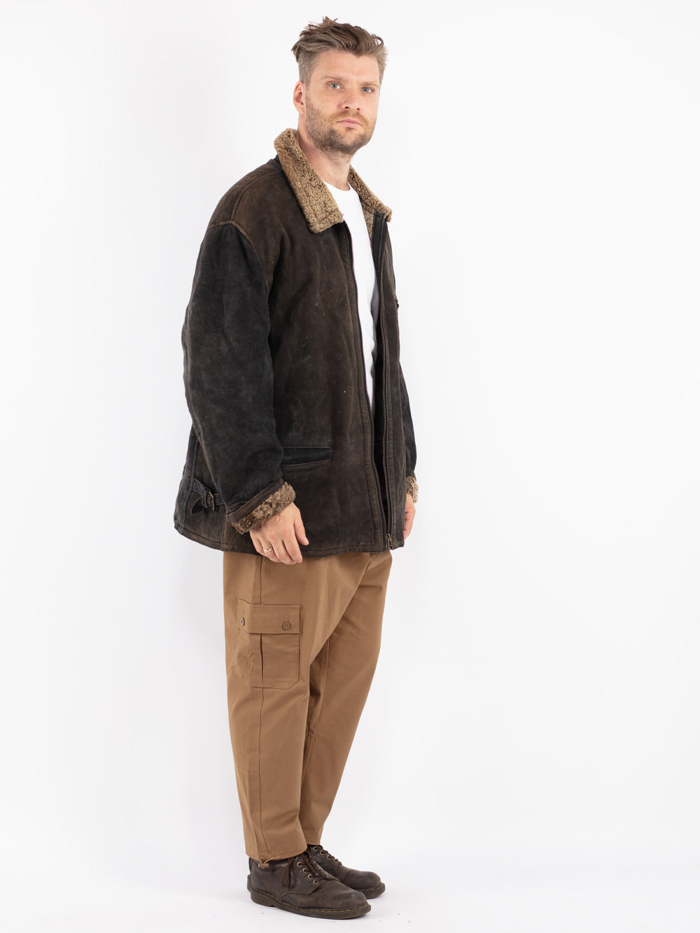 Vintage Men Sheepskin Coat in Black
