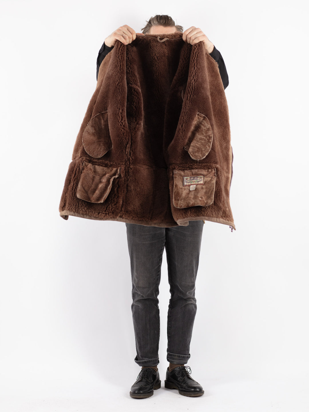 Vintage 90's Men Sheepskin Coat in Beige